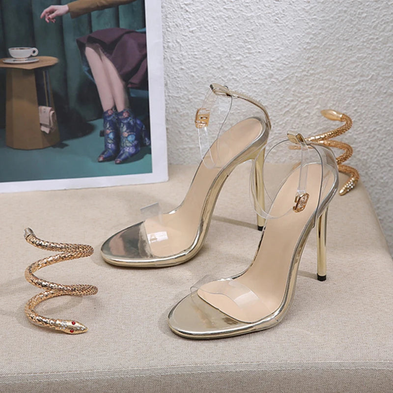 Liyke Summer Golden High Heels Sandals – ’s Metal Ankle Snake Twine Around Accessory Wedding Party Transparent Shoes