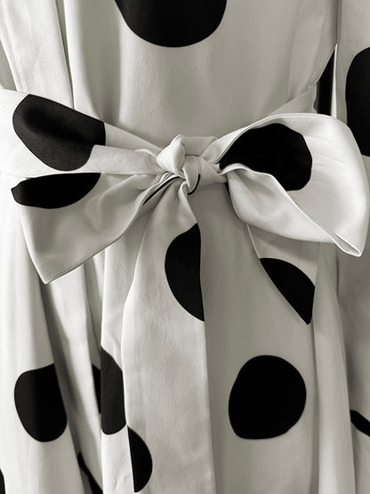 A-line High Waisted Belted Lace-up Pockets Polka Dot Split-joint Stand Collar Maxi Dresses
