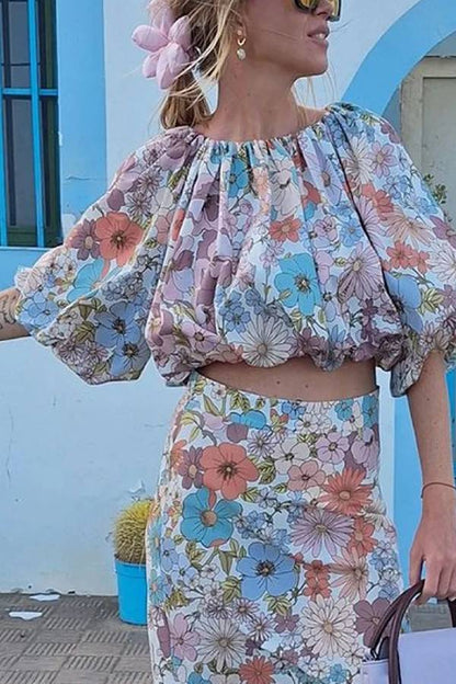 Holiday Print Top & Skirt Two-piece Set