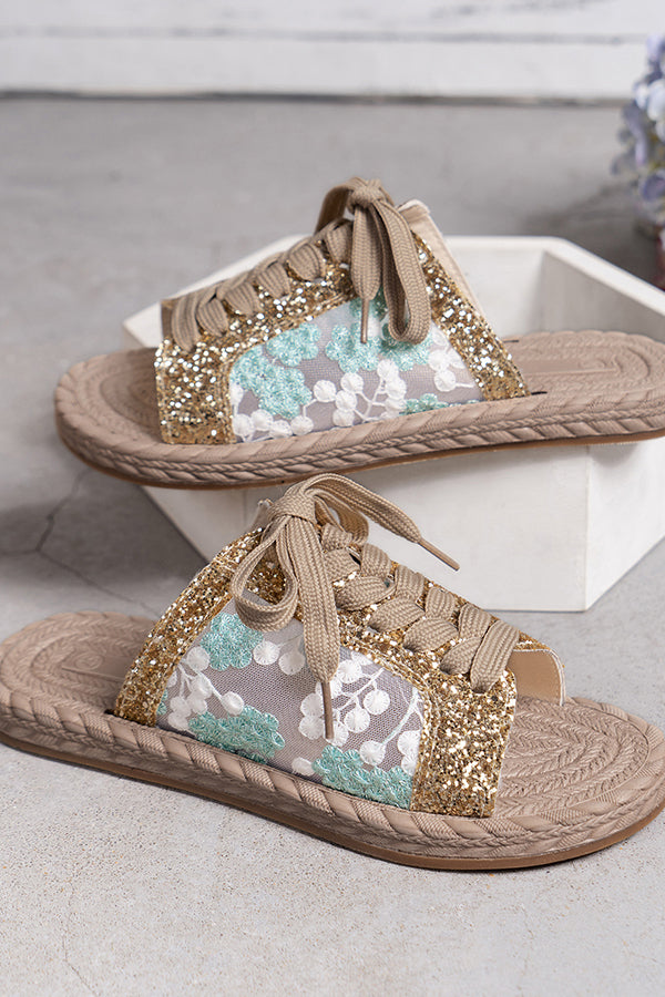 Sequined Mesh Embroidered Strappy Flat Slippers