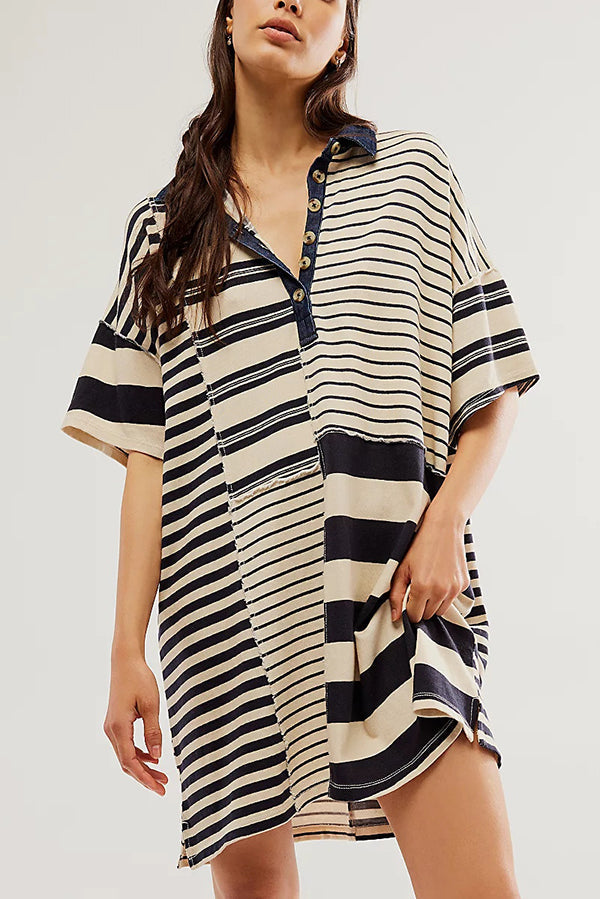 Contrast Striped Patchwork Denim Lapel Loose Mini Dress
