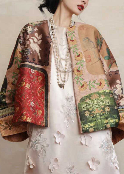 Chinese Style Yellow O-neck Print Silk Coats Spring Tw026