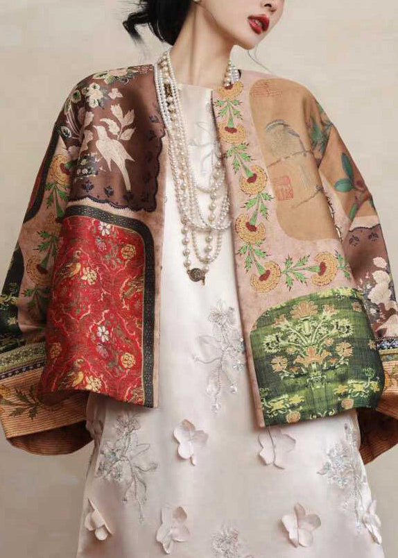 Chinese Style Yellow O-neck Print Silk Coats Spring Tw026