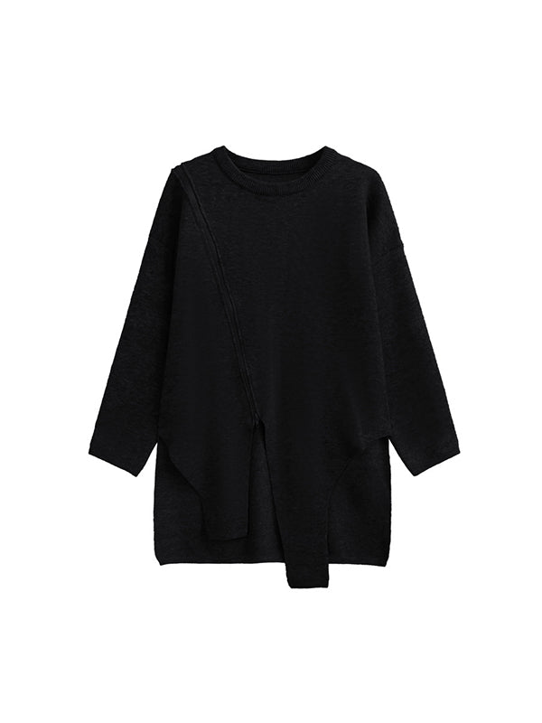 Street Grey Round-neck Zipper Decor Irregular High-low Hem Long Sleeve Sweater An1067