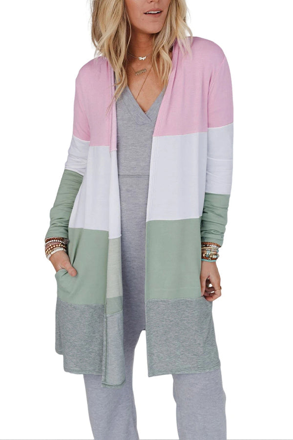 Multicolor Color Block Pocketed Duster Cardigan