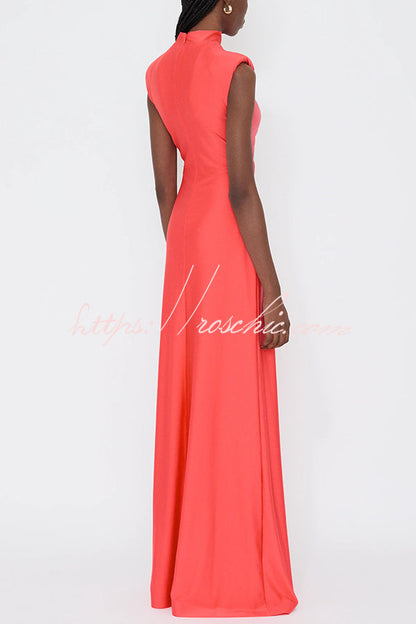 Genis Hollow Elastic Bust High Neck Sleeveless Gathered Maxi Dress