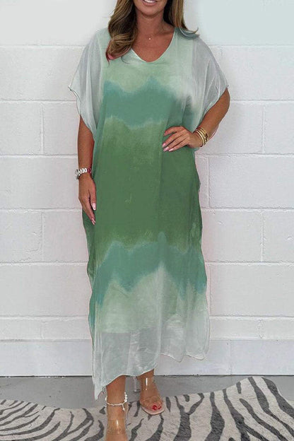Tie-dye V-neck Short-sleeved Loose Maxi Dress