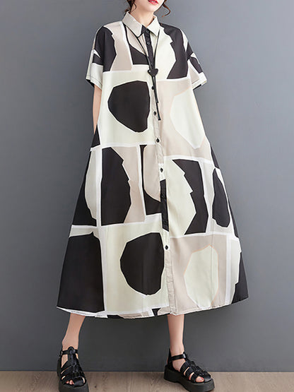 Loose Oversize Color-block Printed Lapel Midi Dresses Shirt Dress