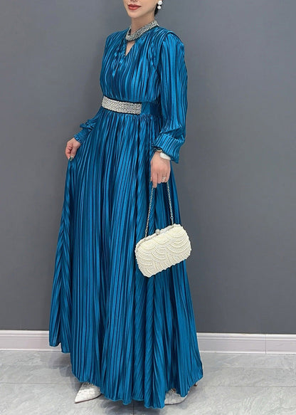Blue V Neck Wrinkled Maxi Dress Long Sleeve Ao1037