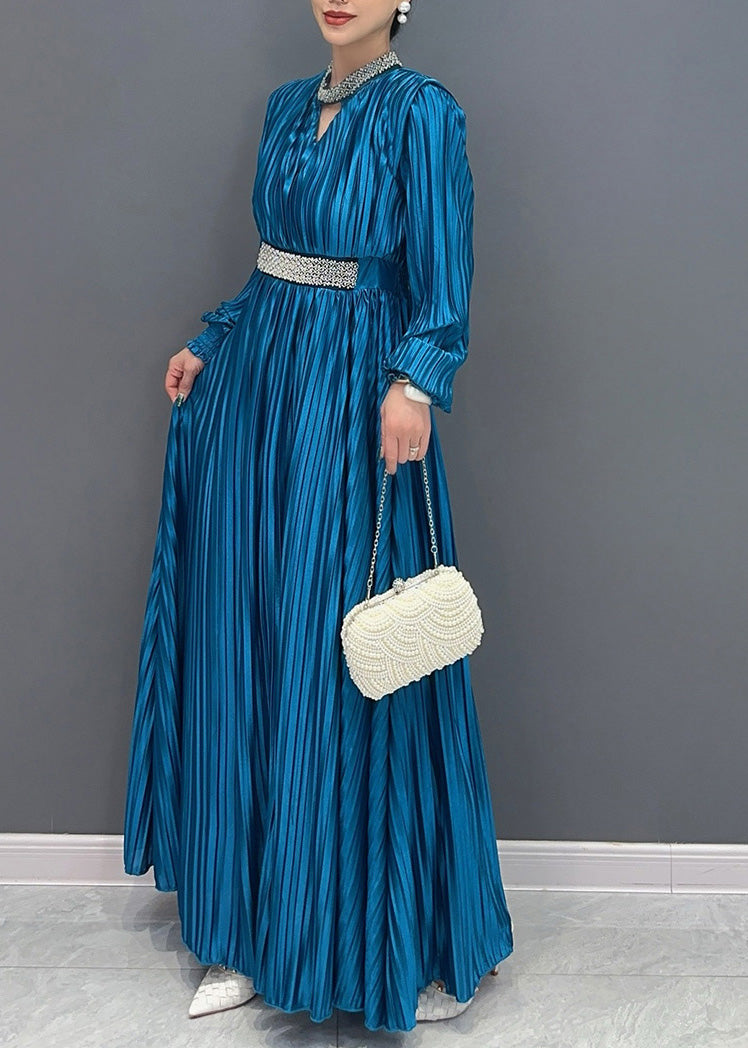 Blue V Neck Wrinkled Maxi Dress Long Sleeve Ao1037