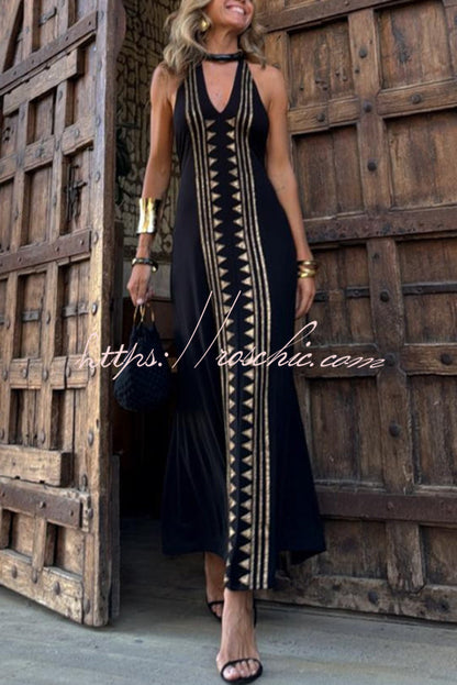 Meret Gold Geometric Print Halter Backless Stretch Maxi Dress
