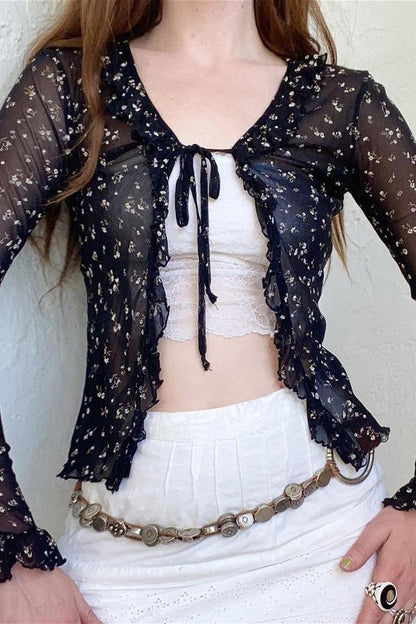 French Bow Tie Tulle Cardigan Blouse