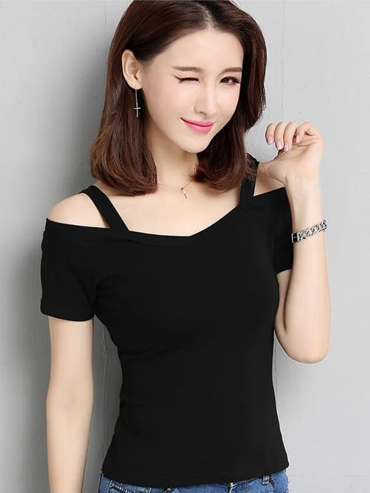 Y2k Short Sleeve T-shirt Shoulder Off Korean Tee Shirt Femme Slim V-neck Tshirt Womacn Summer Clothes Top