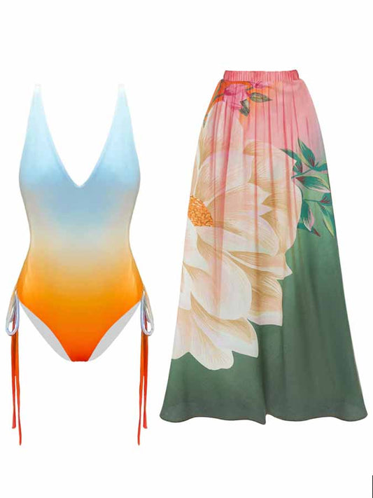 Gradient Drawstring One-piece Swimsuit and Skirt