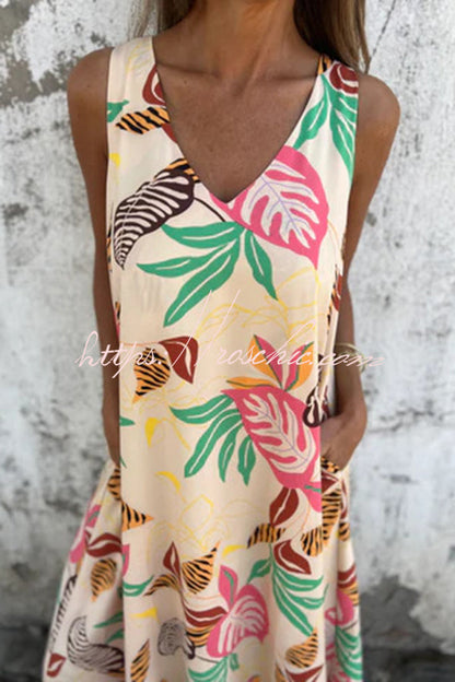 Botanical Print V-neck Pocket Loose Maxi Dress