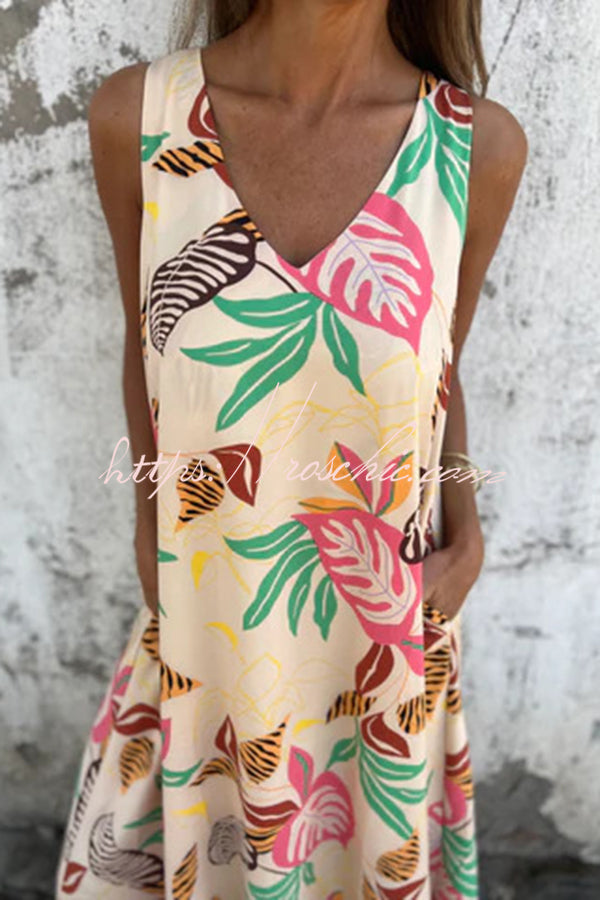 Botanical Print V-neck Pocket Loose Maxi Dress