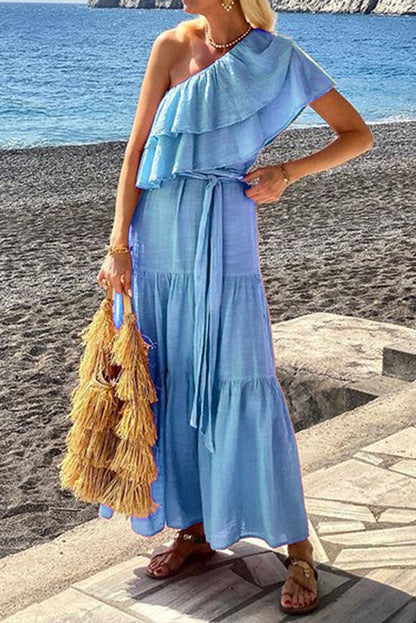 Linen Blend Color Oblique Collar Ruffle Waist Tie Maxi Dress