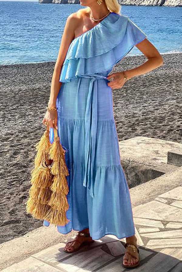 Linen Blend Color Oblique Collar Ruffle Waist Tie Maxi Dress