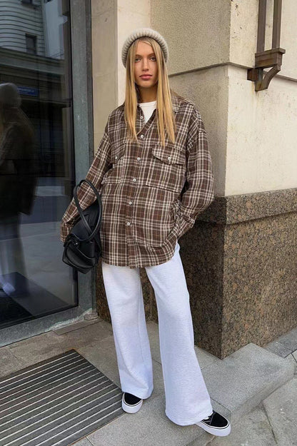 American Plaid Double-pocket Mid-length Blouse