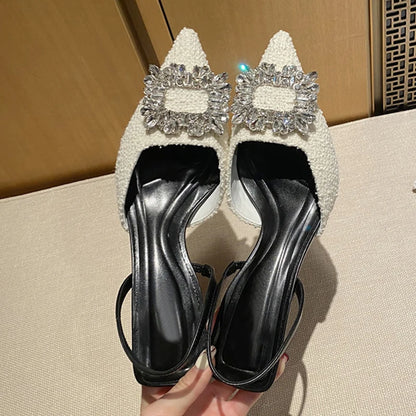 Crystal Buckle Pointed Toe Low Thin Heels Wedding Prom Shoes Wool Pumps Sandals