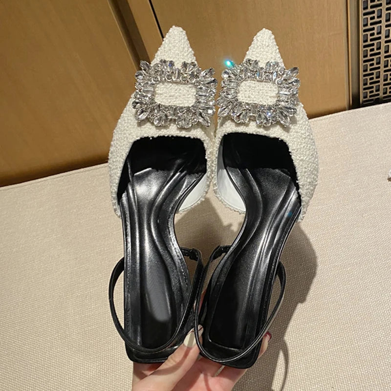 Crystal Buckle Pointed Toe Low Thin Heels Wedding Prom Shoes Wool Pumps Sandals