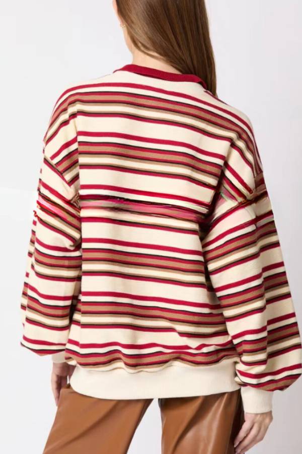 Striped Lapel Long-sleeved Top Loose Sweatshirt