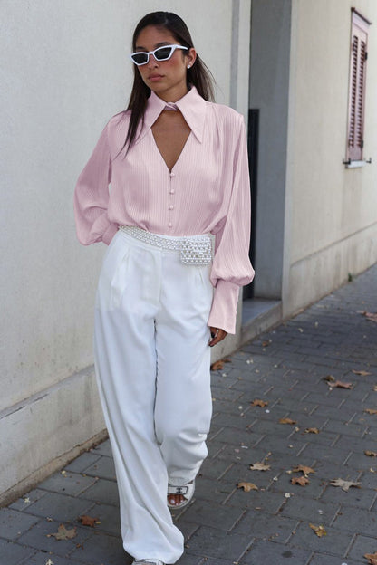Collared Long-sleeve Loose Blouse