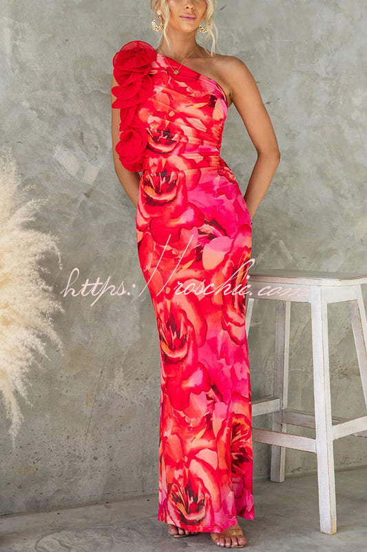 Print Sleeveless 3d Flower One Shoulder Slim Maxi Dress