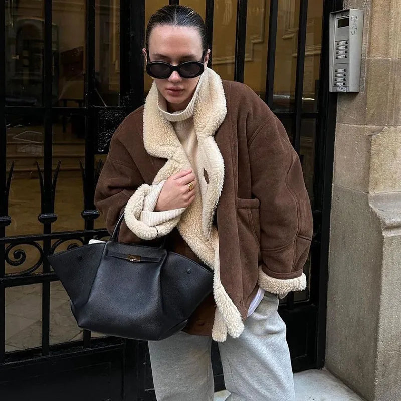 Lamb Woolen Spliced Warm Coat for Side Buttons Lapel Full Sleeve Jackets Lady Autumn Winter Thick Outwear