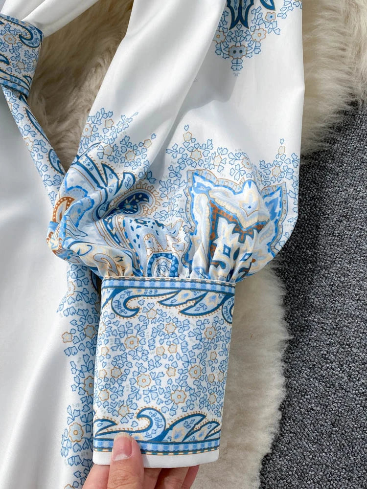 Retro Printed Party Dress Polo Collar Long Sleeve Long Dresses Spring Autumn French Single Breasted Shirt Dress