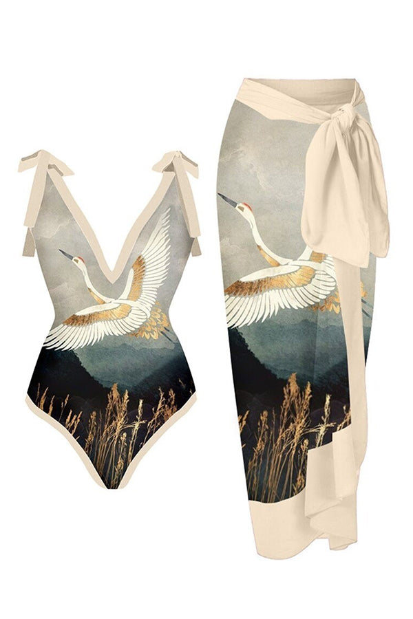 Full of Sunshine Printed Shoulder Tie One-piece Swimsuit With Midi Cover-up Skirt