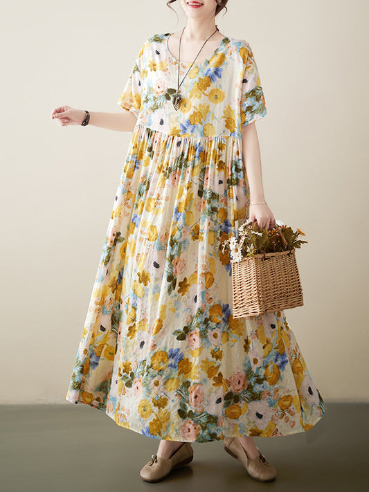 A-line Loose Printed Round-neck Midi Dresses