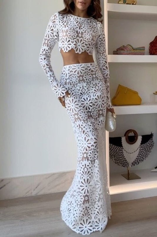 Balmy Summers Crochet Lace Pattern Elastic Waist Fishtail Vacation Maxi Skirt