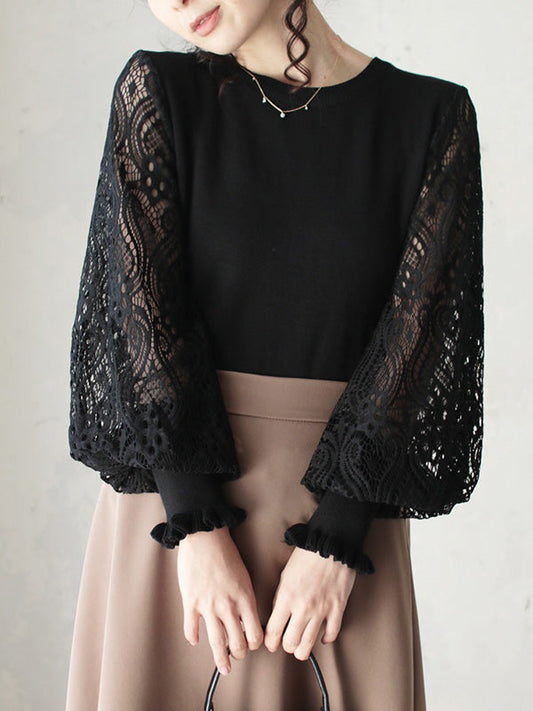 Tempermant Black Round-neck Patchwork Hollow Lace Long Puff Sleeves Sweater Qx011