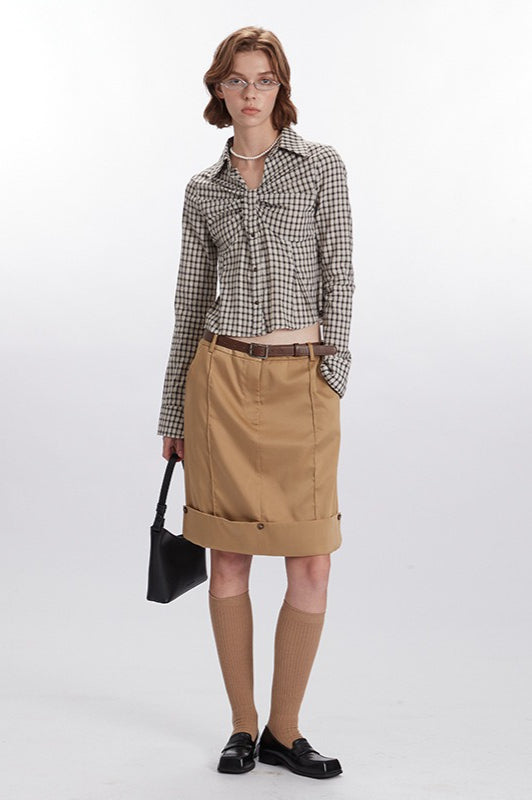 Plaid Ruched Long-sleeve Blouse