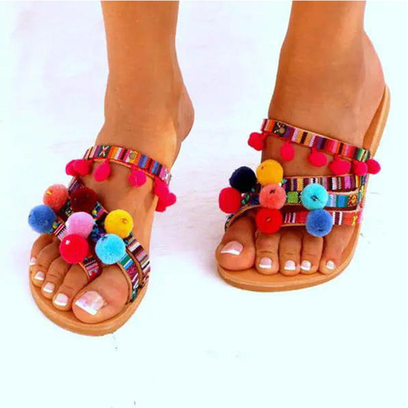 Colorful Fur Ball Tribal Wind Beach Dress Slippers