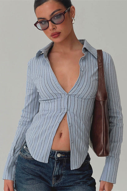 Striped Colorblock Waist Cinched Blouse