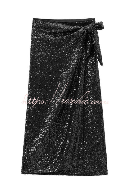 Crushing on You Sequin High Rise Wrap Tie-up Slit Midi Skirt
