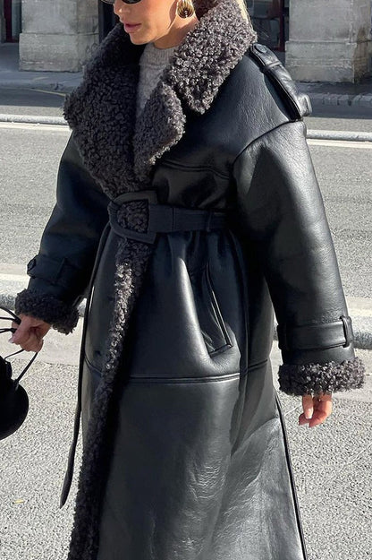 Black Faux Shearling Belted Cool Overcoat