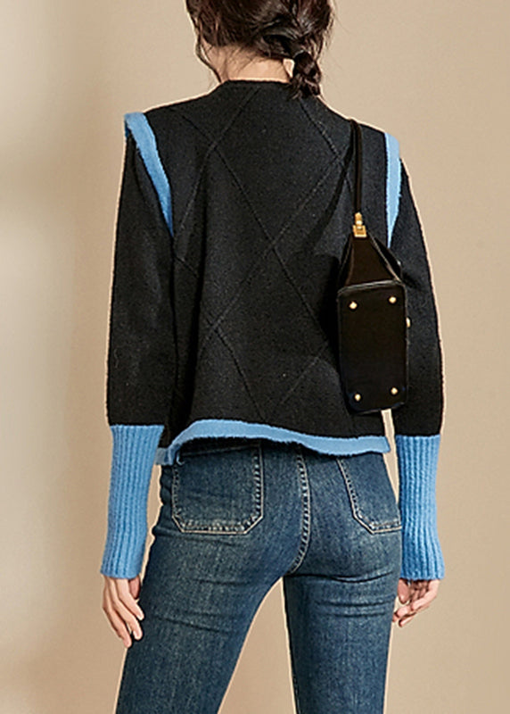 Blue O-neck Patchwork Cotton Knit Sweaters Winter Wv005