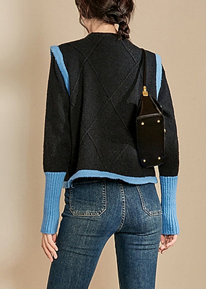 Blue O-neck Patchwork Cotton Knit Sweaters Winter Wv005