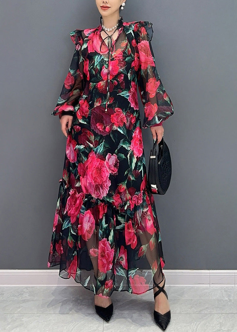 Red Tie Lace Print Chiffon Maxi Dresses Fall Ao1044