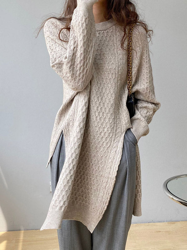 Retro Oatmeal Round-neck Split-side Long Sleeve Twist Knit Sweater An1045