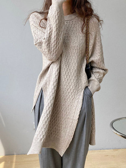 Retro Oatmeal Round-neck Split-side Long Sleeve Twist Knit Sweater An1045