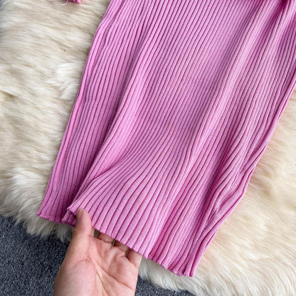 Pink V-neck Cross Slim Waist Long Sleeve Knit Sweater Dress Ar1018