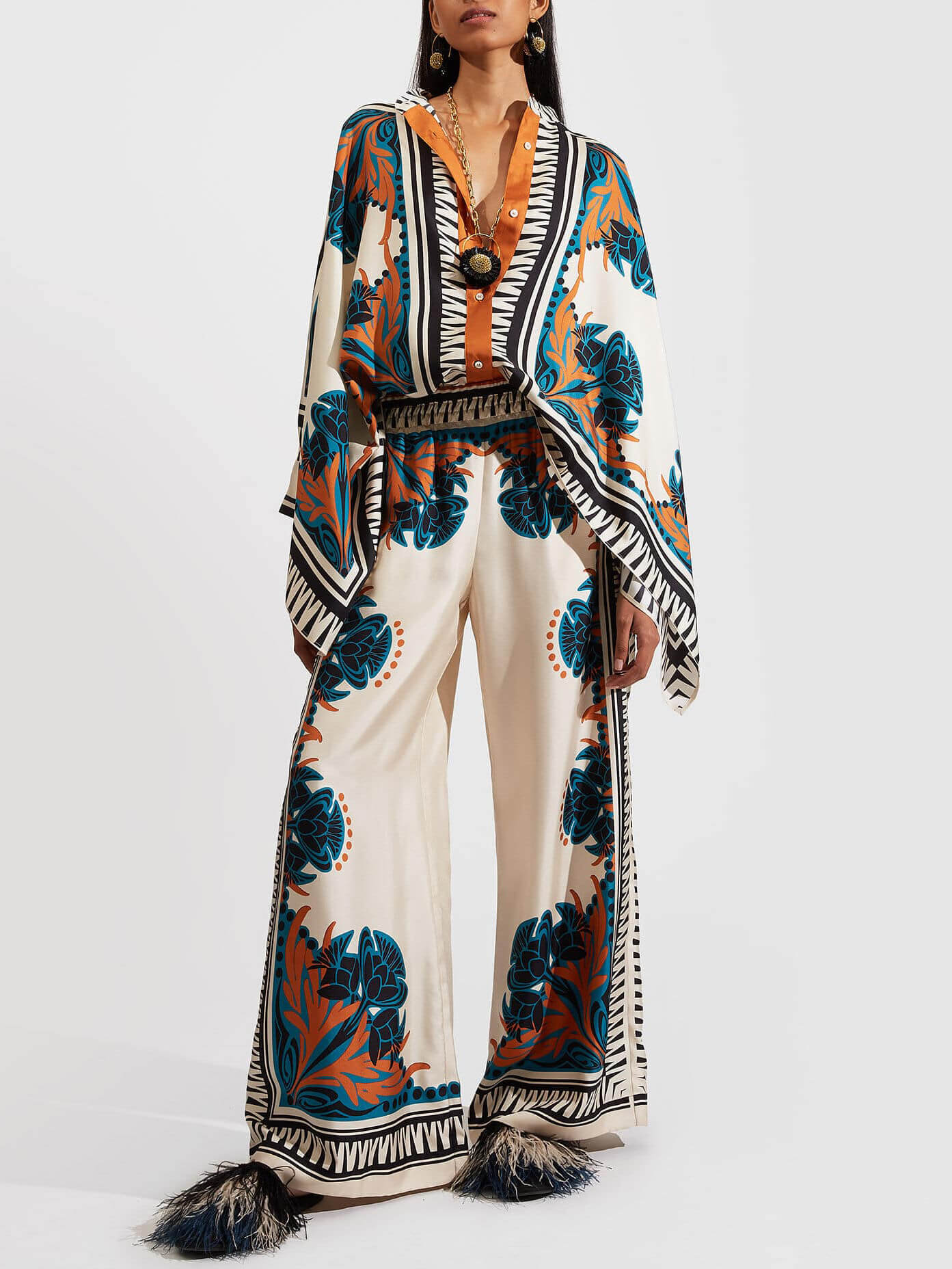 Fine Satin Print Batwing Sleeve Pant Set