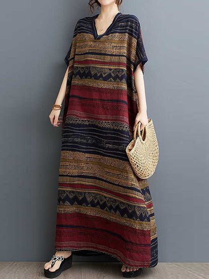A-line Batwing Sleeves Split-joint Striped V-neck Maxi Dresses