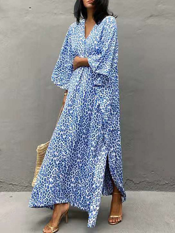 Batwing Sleeves Loose Leopard Split-side Sun Protection V-neck Cover-ups Swimwear Maxi Dresses