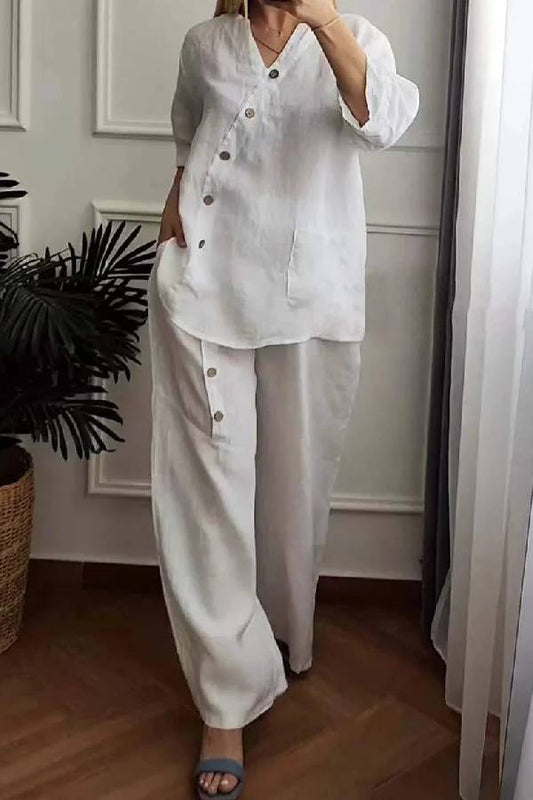 Color Cotton and Linen Cropped Top \u0026 Wide Leg Pants Two-piece Set
