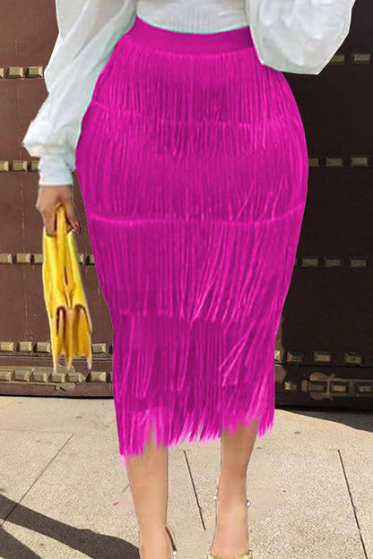Color High Waist Elastic Waist Pleat Fringed Skirt